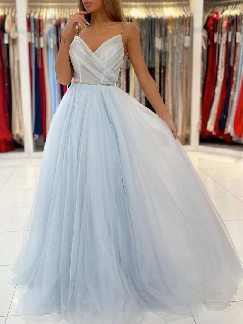 Tulle V Neck Long Prom Dress Elegant Spaghetti Straps Dress